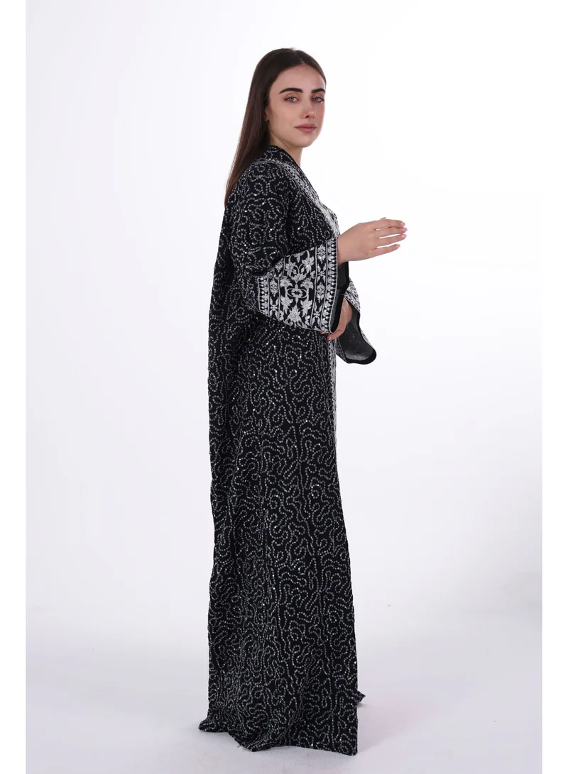 AL BENT AL SHARQIEH Embroidered Linen Jalabiya dress with unvisible belt